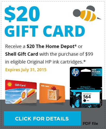 Spend $99 or more on eligible HP ink cartridges and receive a $20 gift card to Home Depot or Shell, Minnesota